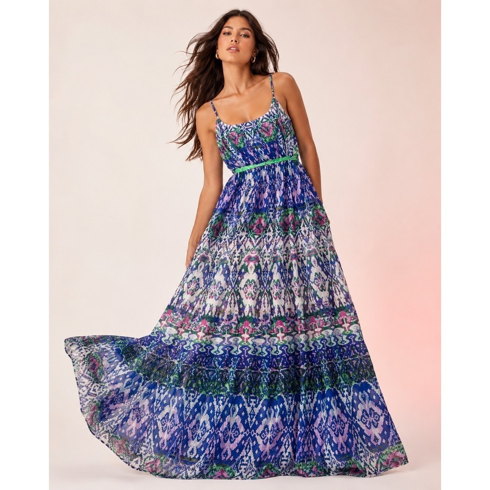 Charlie‎ Jade Ikat Print Maxi Dress Spaghetti Strap Boho Resort Lined XS